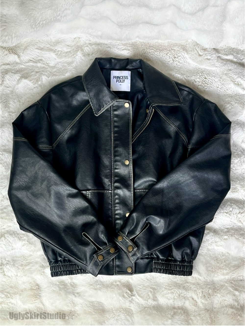 Princess Polly Black Faux Leather Oversized Moto Bomber Jacket S/M EUC